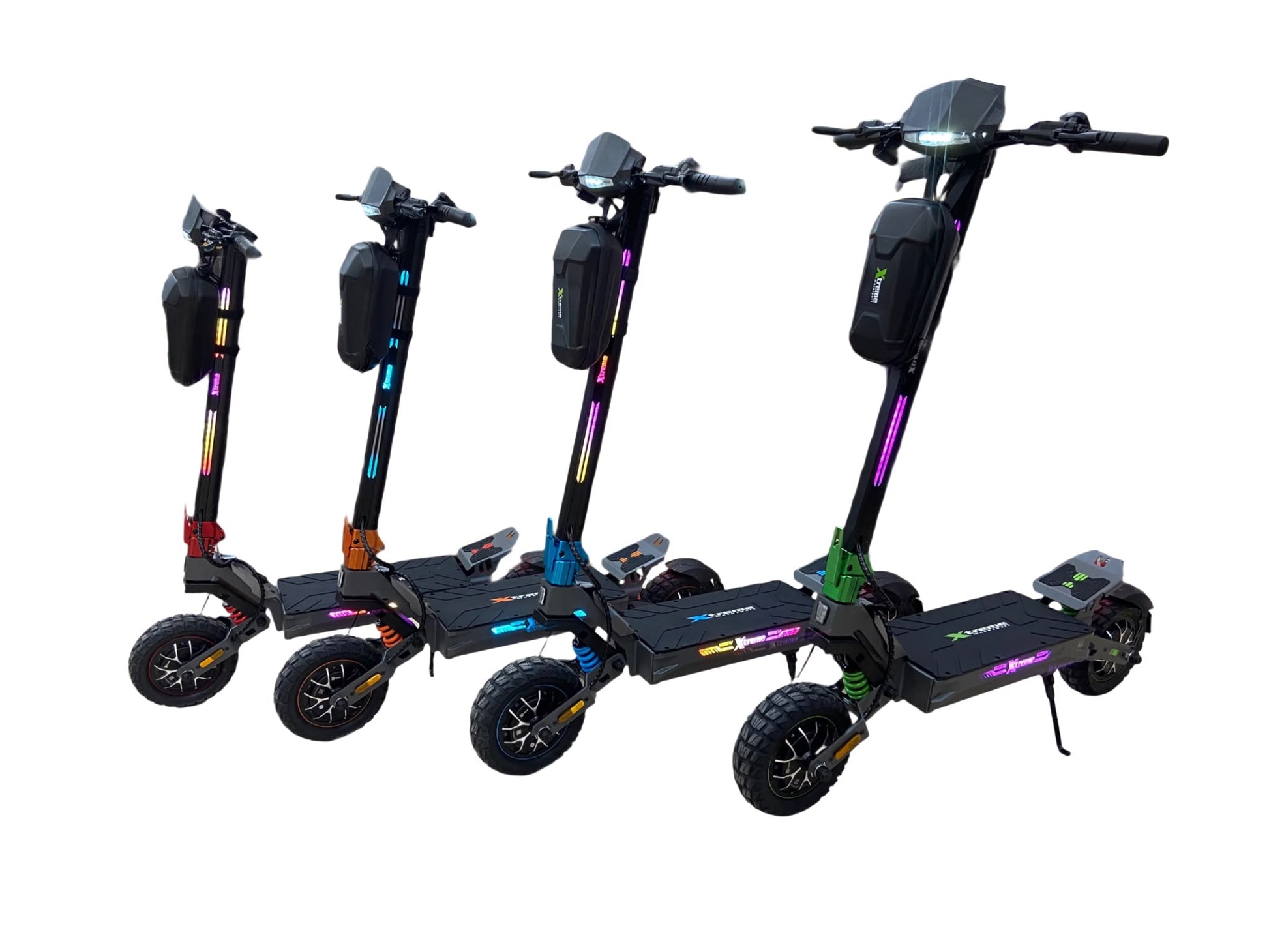 Patinete eléctrico Xtreme F1 MAX en los 4 colores disponibles: rojo, naranja, azul y verde